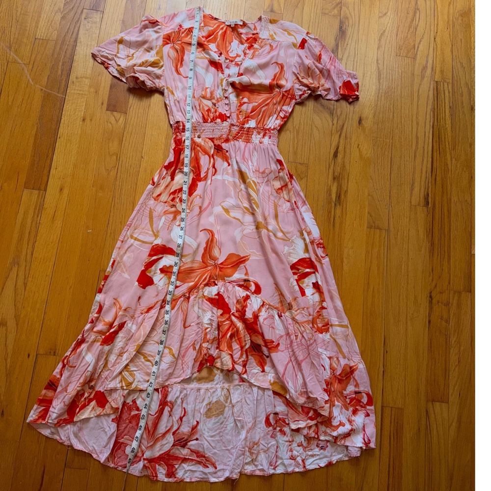 Abel the Label Pink Orange Floral High Low Maxi Dress Smocked Waist M Beach Boho - Picture 8 of 12